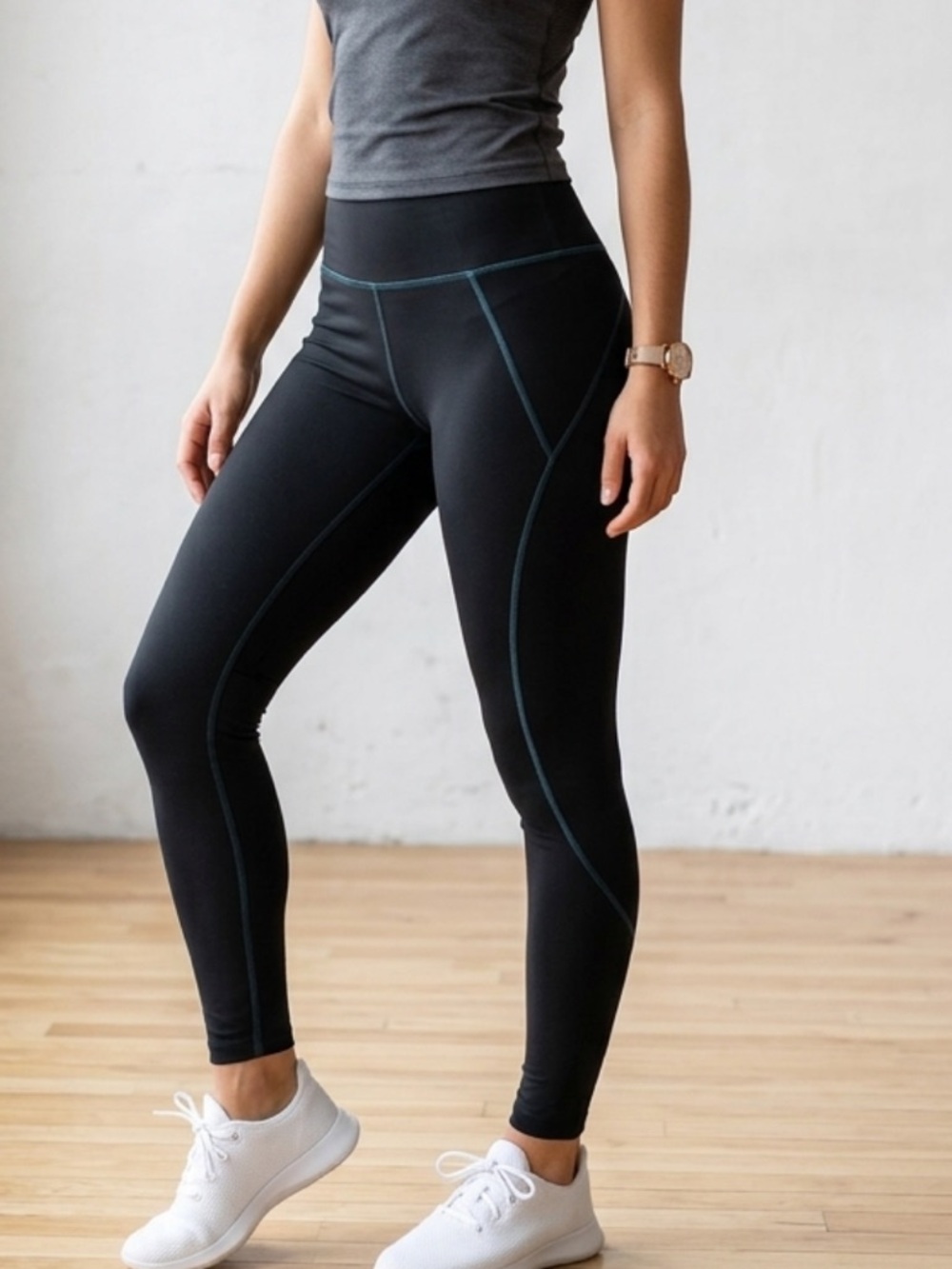 J. Crew Black High-Rise Leggings with Teal Contrast Stitching